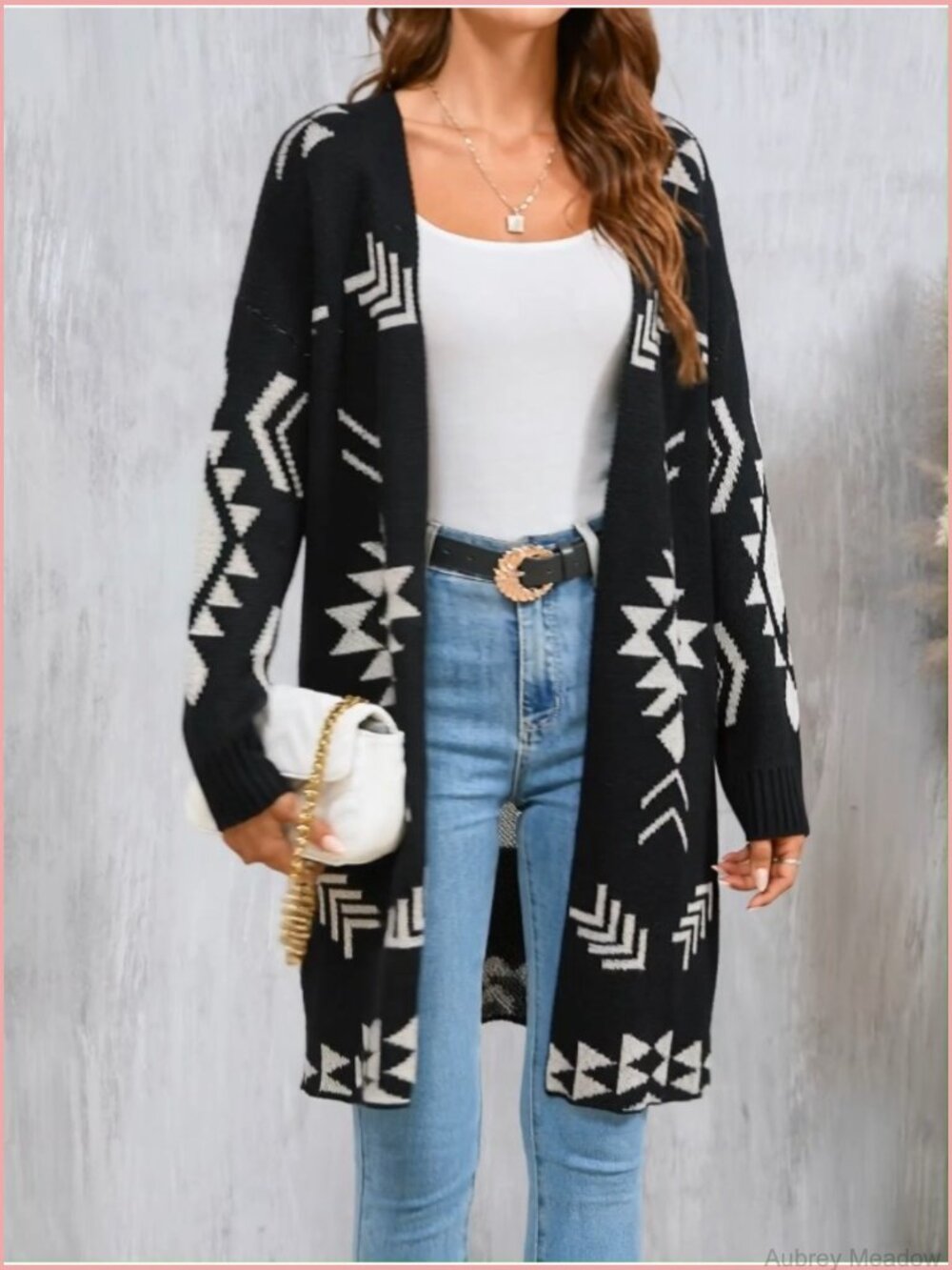 Womens Oversized Long Cardigan Open Front Fall Trendy Geometric Jacquard Knit - Picture 7 of 7